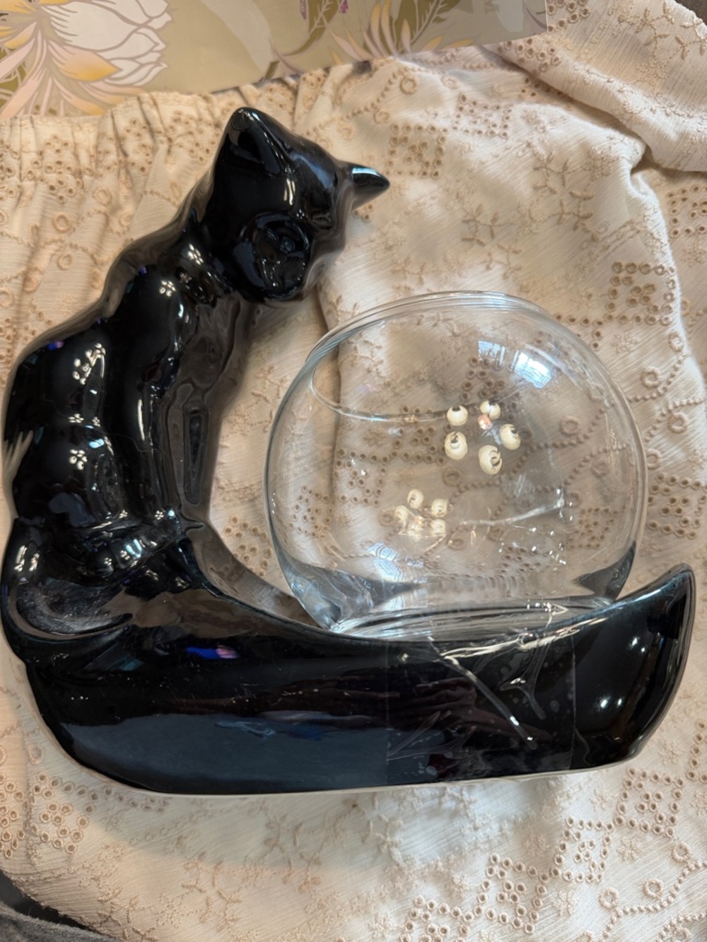 Haeger Black Ceramic Cat Glass Bowl Decorative Accent
